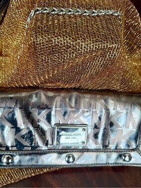 Michael Kors Gold Mesh and Silver Logo Chain Shoulder Bag
